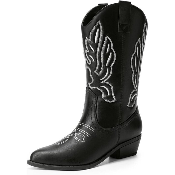 Shoes - Women's Black-PU Mid Calf Western Embroidery Stitched Faux Leather Cowgirl Boots